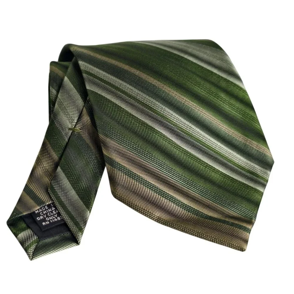 Vtg Nubio Mens Silk Tie Green Gold Striped Fashion Accessory Elegant Lux Formal